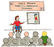 A group of people in a classroom, the teacher is pointing at a poster on the wall, and a banner with L-plates at either end reads "Taxi Driver Disability Awareness Training"