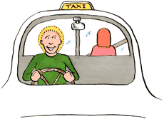 Looking into the front of the taxi, the driver grins broadly, and the passenger can be seen in the back