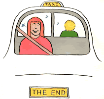 Looking into the back of the taxi, the passenger grins broadly. The number plate appears to read "The End"