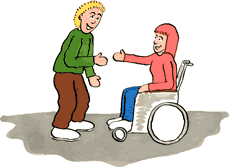 [From the front page cartoon strip] One of the taxi drivers from the classroom smiles and offers to shake hands with a wheelchair user