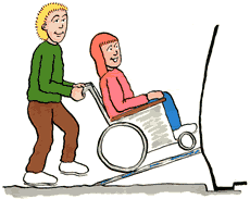 [From the front page cartoon strip] The driver pushes the passenger - the wheelchair user - up a ramp to his taxi